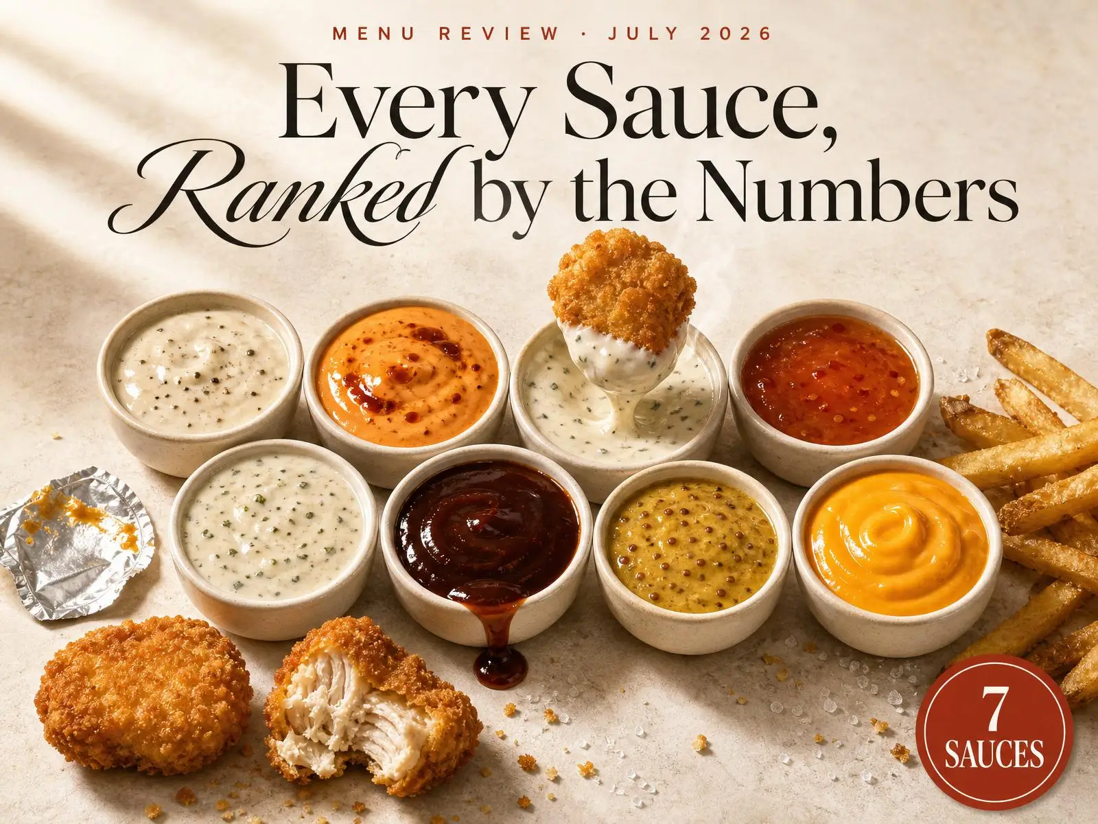 Seven Wendy's dipping sauce cups arranged in a grid, ranch, honey BBQ, sweet chili, signature, scorchin' hot, honey mustard and cheddar, with a nugget mid-dip
