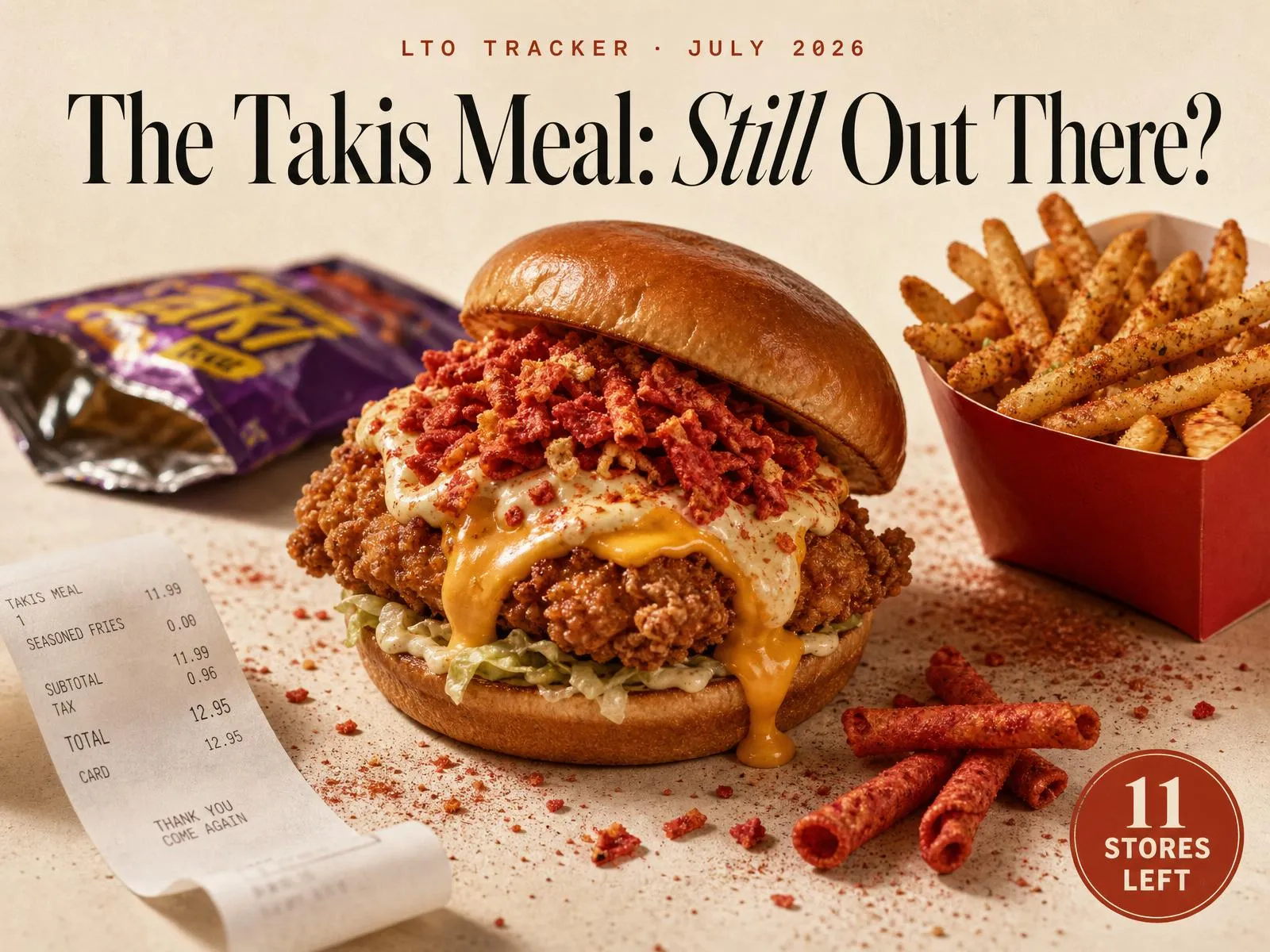 Takis Fuego chicken sandwich with crushed red chips and cheese sauce beside chili-lime dusted fries, scattered red corn chips and an empty chip bag
