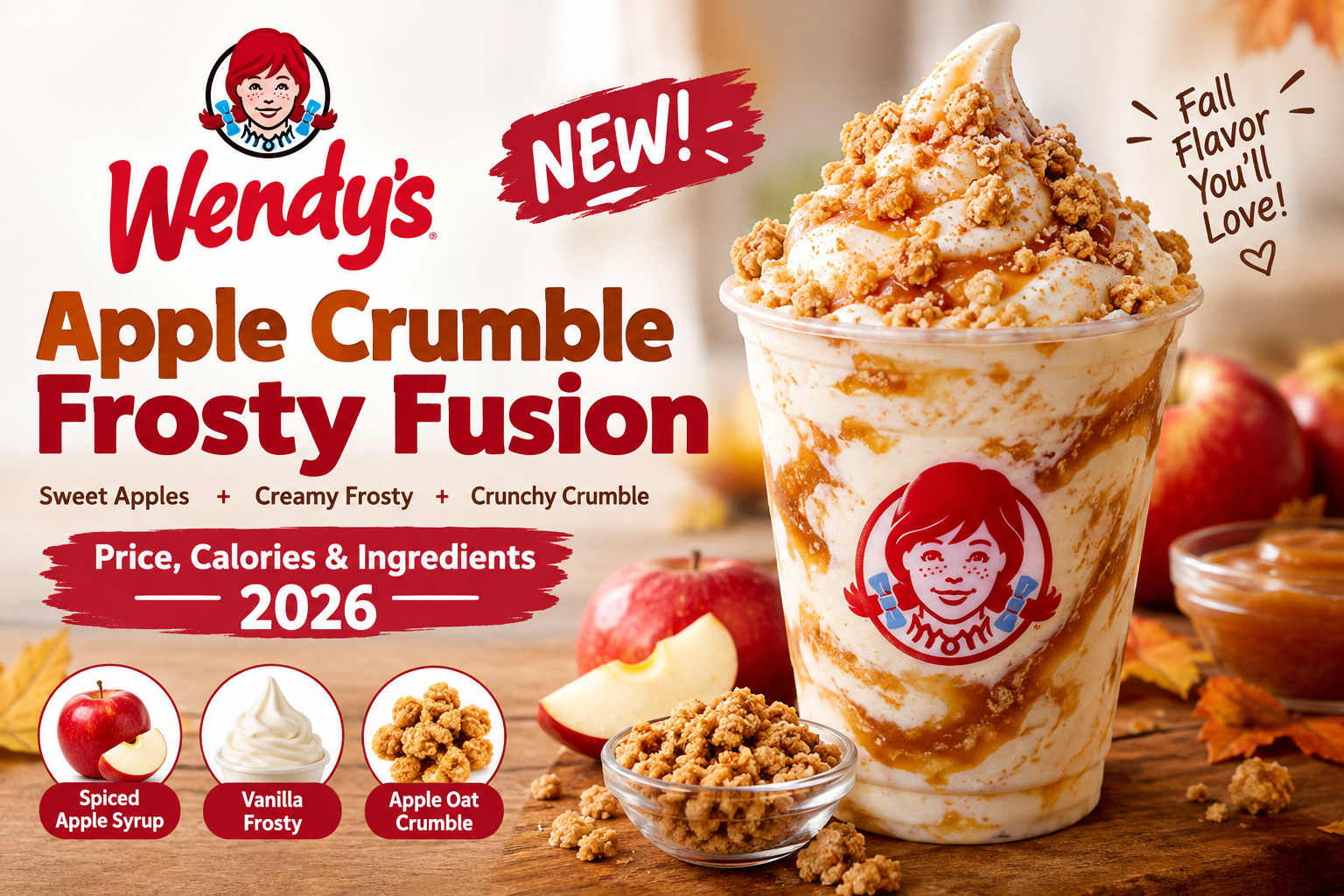 Wendy's Apple Crumble Frosty Fusion cup showing vanilla frosty mixed with spiced apples and crumb topping