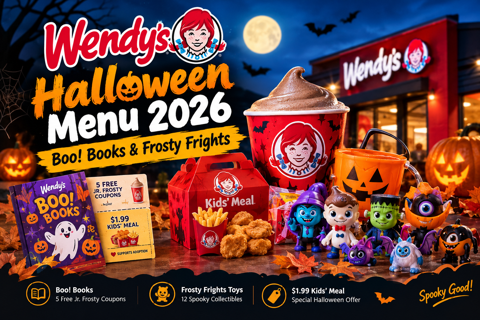 Wendy's Halloween Menu 2026 featuring Boo Books and Frosty Frights toys