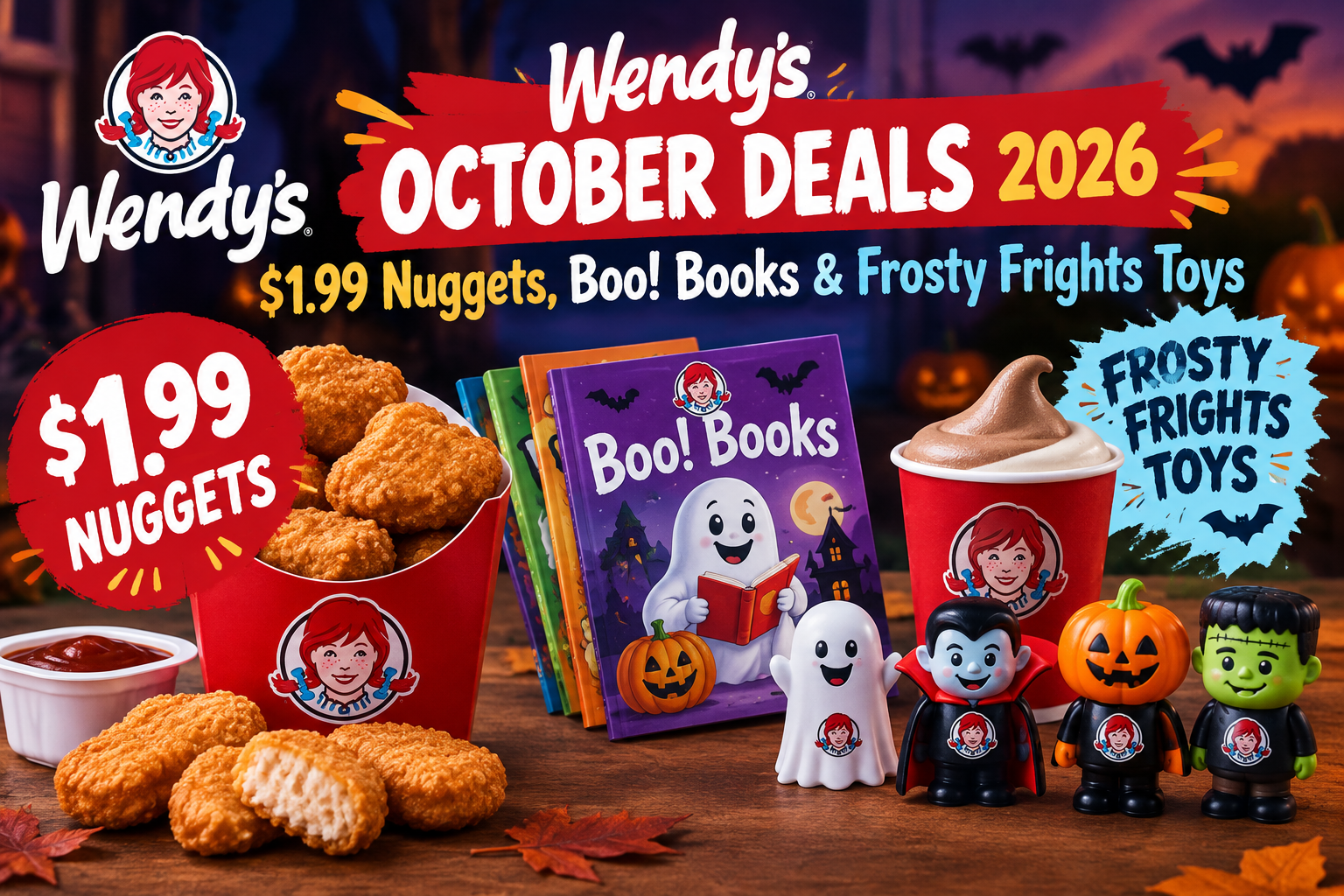Wendy's October 2026 Deals featuring Boo Books, $1.99 nuggets, and Frosty Frights kids meal toys