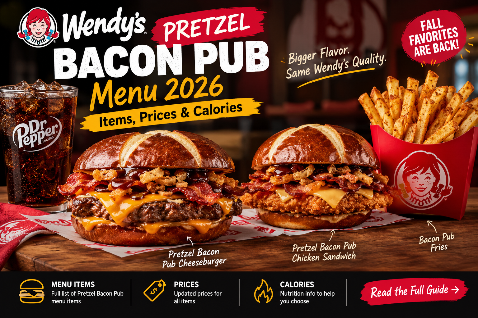 Wendy's Pretzel Bacon Pub Menu 2026 featuring the Pretzel Bacon Pub Cheeseburger, Chicken Sandwich, and Pub Fries